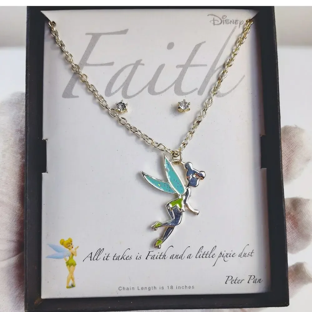 Disney Tinker Bell Necklace and Earring Set Silver Tone NIB - Picture 3 of 9